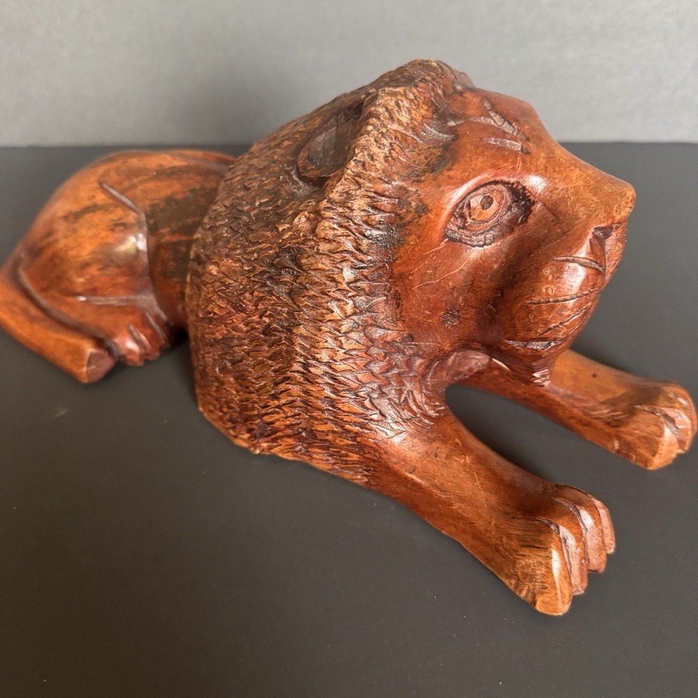 Heavy Solid Wood Large Hand Carved With Details ~ Laying Lion Figure 13" Long